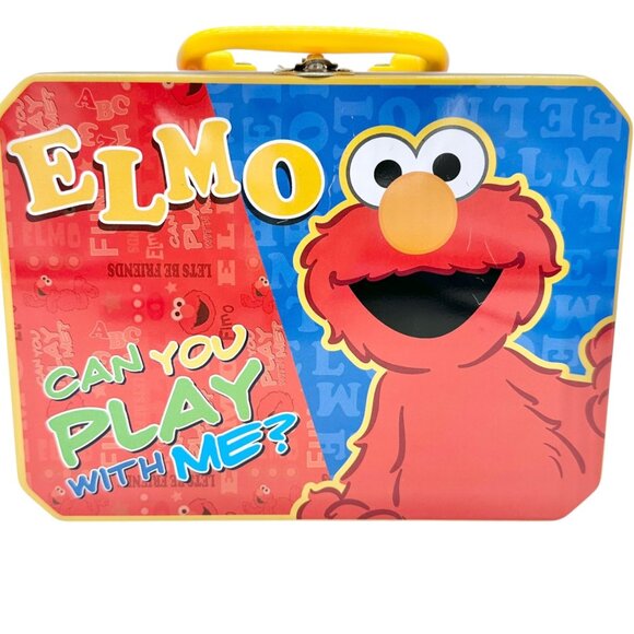 Sesame Street Elmo Metal Lunch Box Fun Colors Blue Red Yellow Kid Collectible - Picture 1 of 11